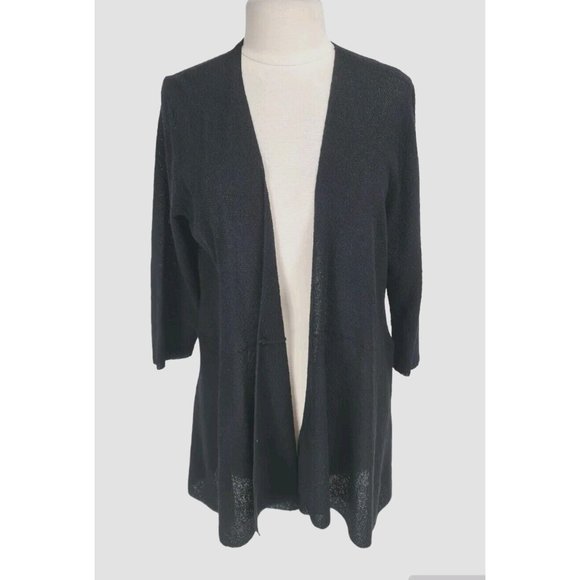 EILEEN FISHER Womens Open Front Cardigan Jacket Size L Black 100% Wool  158P - Picture 1 of 6